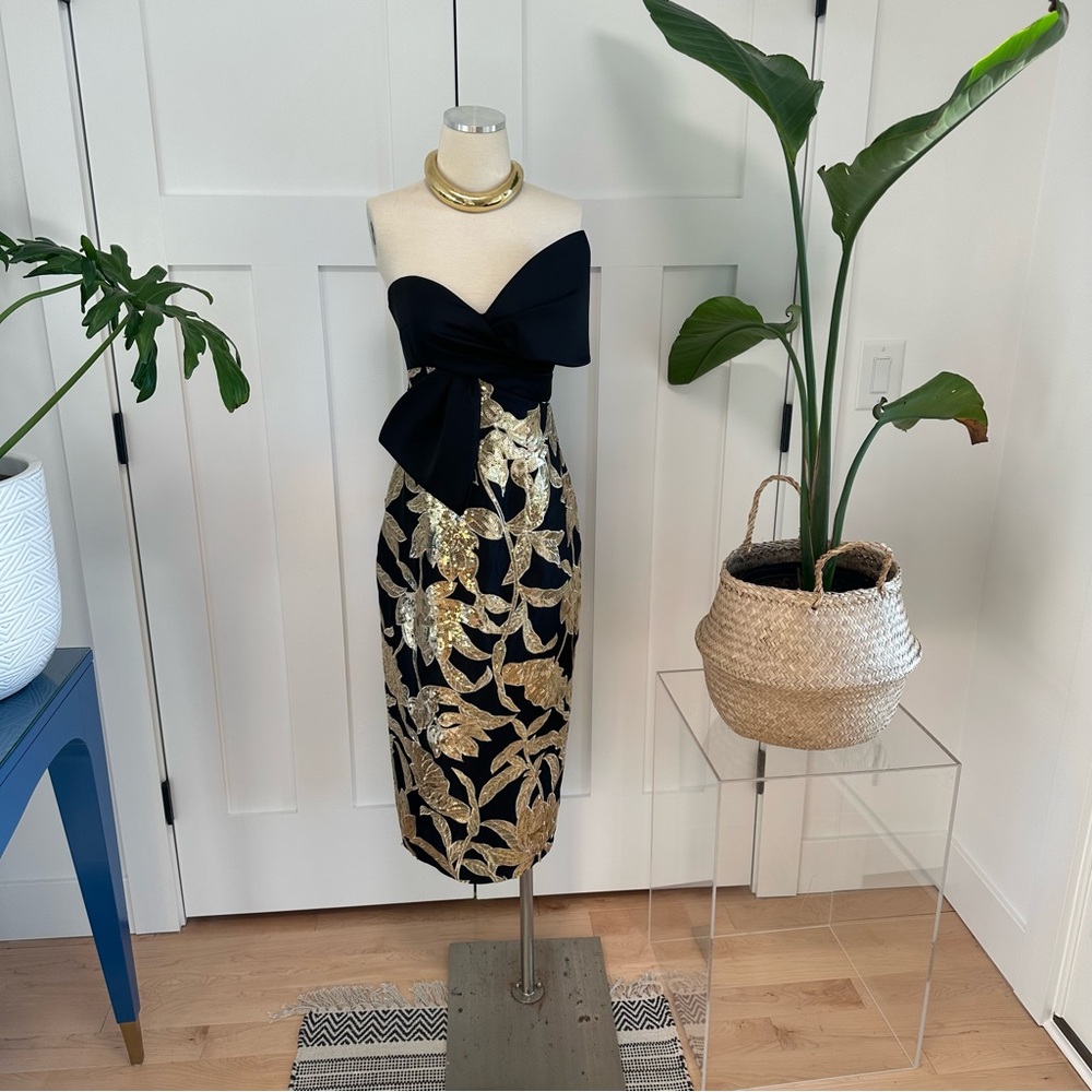 Marchesa Notte Lotus Black and Gold Sequin Dress - Picture 1 of 11